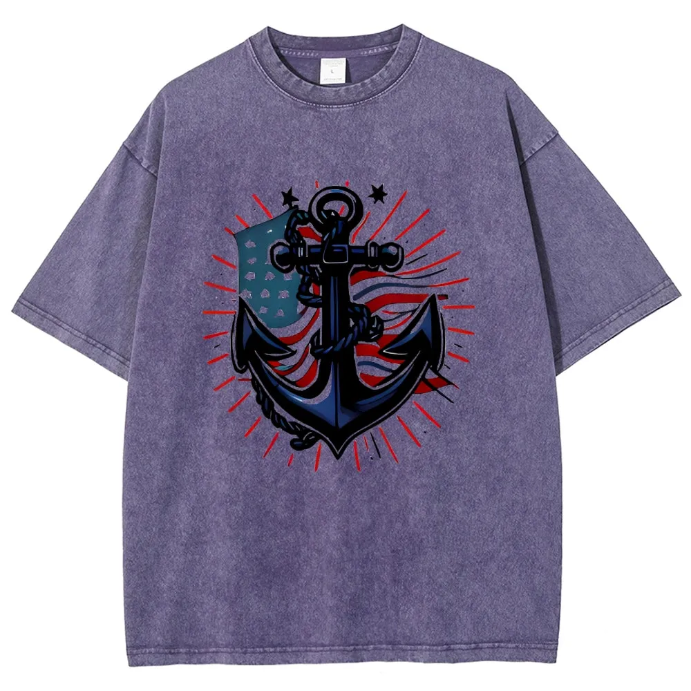 Unisex American Flag And Anchor Graphic Vintage Washed Tee