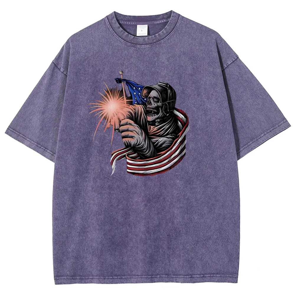 Unisex American Flag With Skull Graphic Vintage Washed Tee