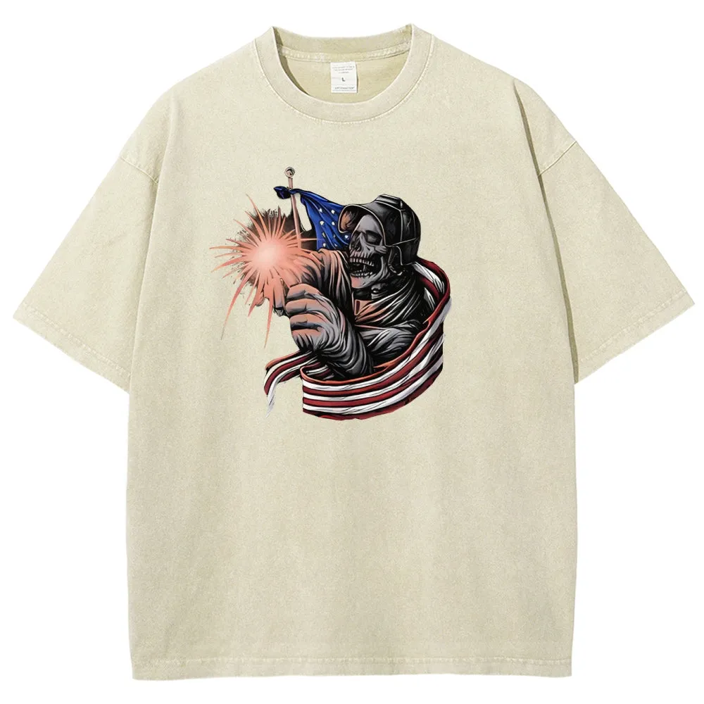 Unisex American Flag With Skull Graphic Vintage Washed Tee