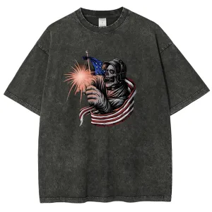Unisex American Flag With Skull Graphic Vintage Washed Tee