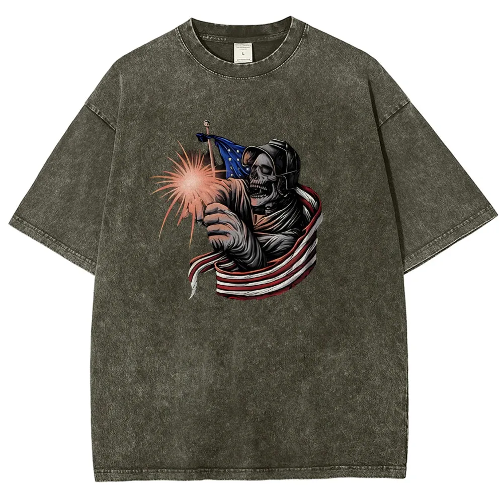 Unisex American Flag With Skull Graphic Vintage Washed Tee