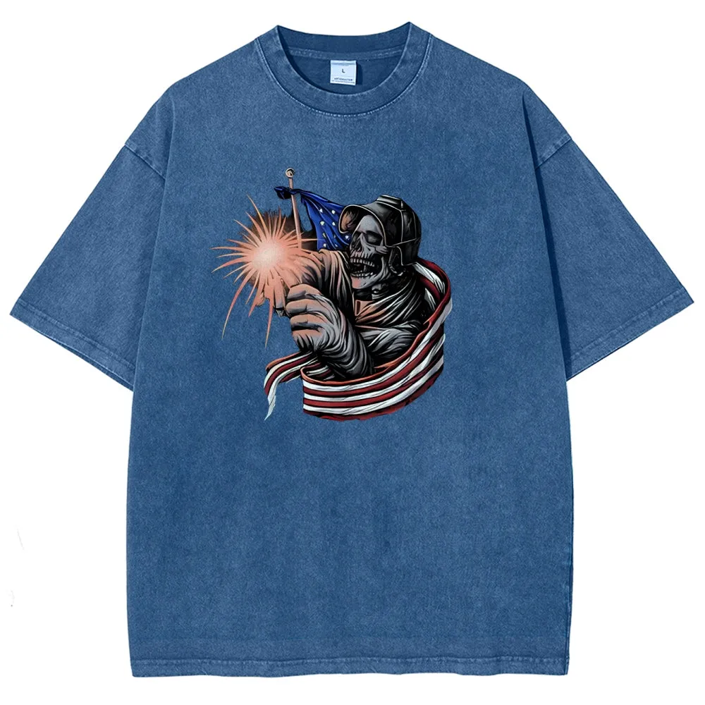 Unisex American Flag With Skull Graphic Vintage Washed Tee