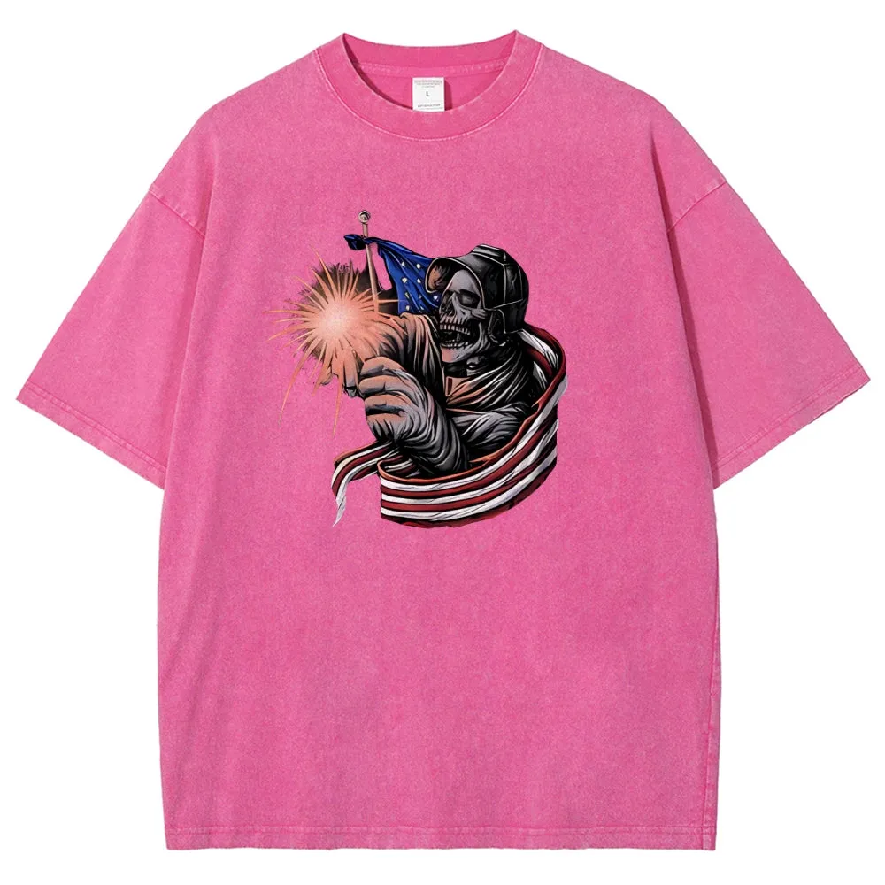 Unisex American Flag With Skull Graphic Vintage Washed Tee