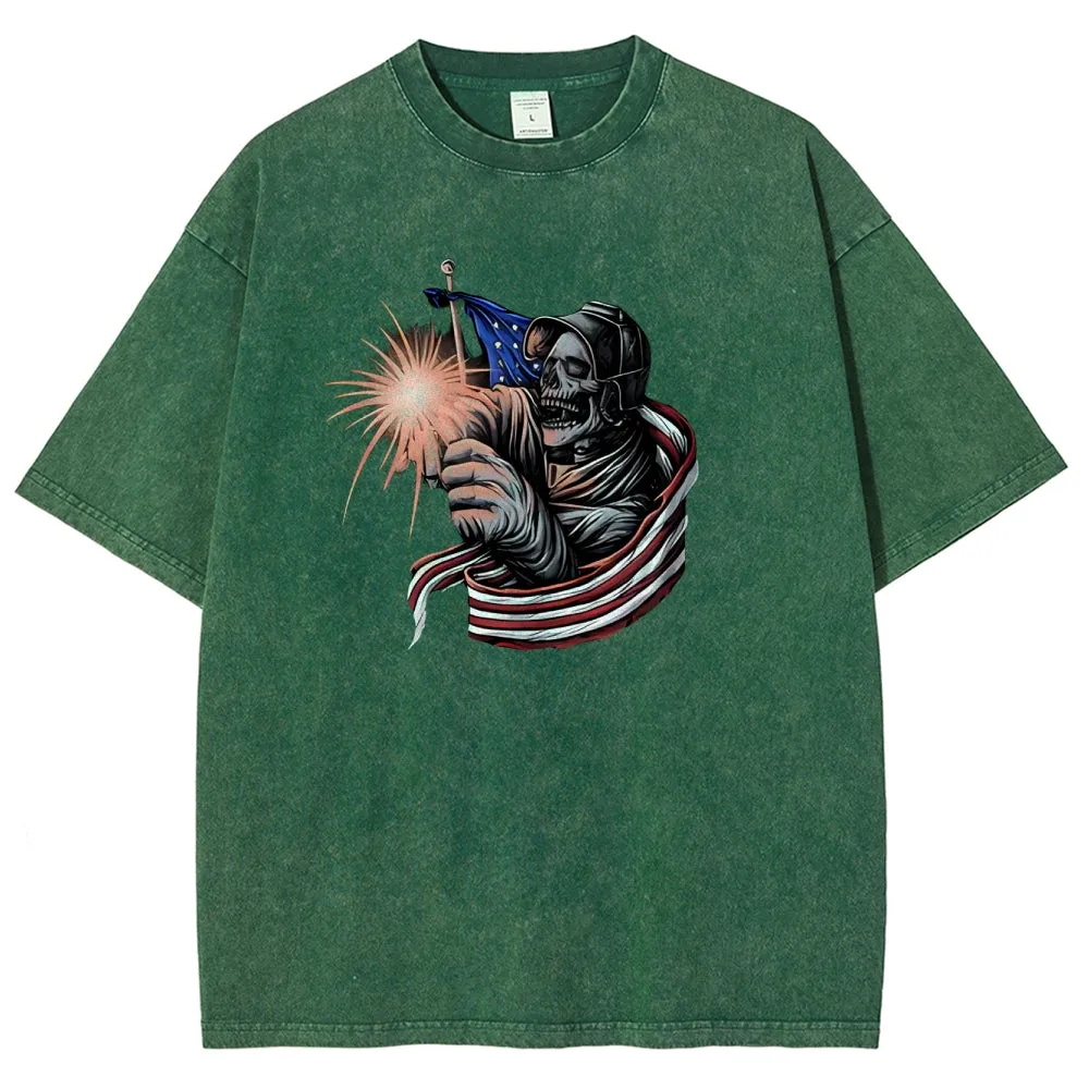 Unisex American Flag With Skull Graphic Vintage Washed Tee