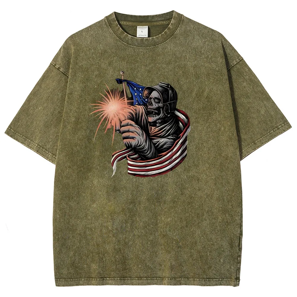 Unisex American Flag With Skull Graphic Vintage Washed Tee