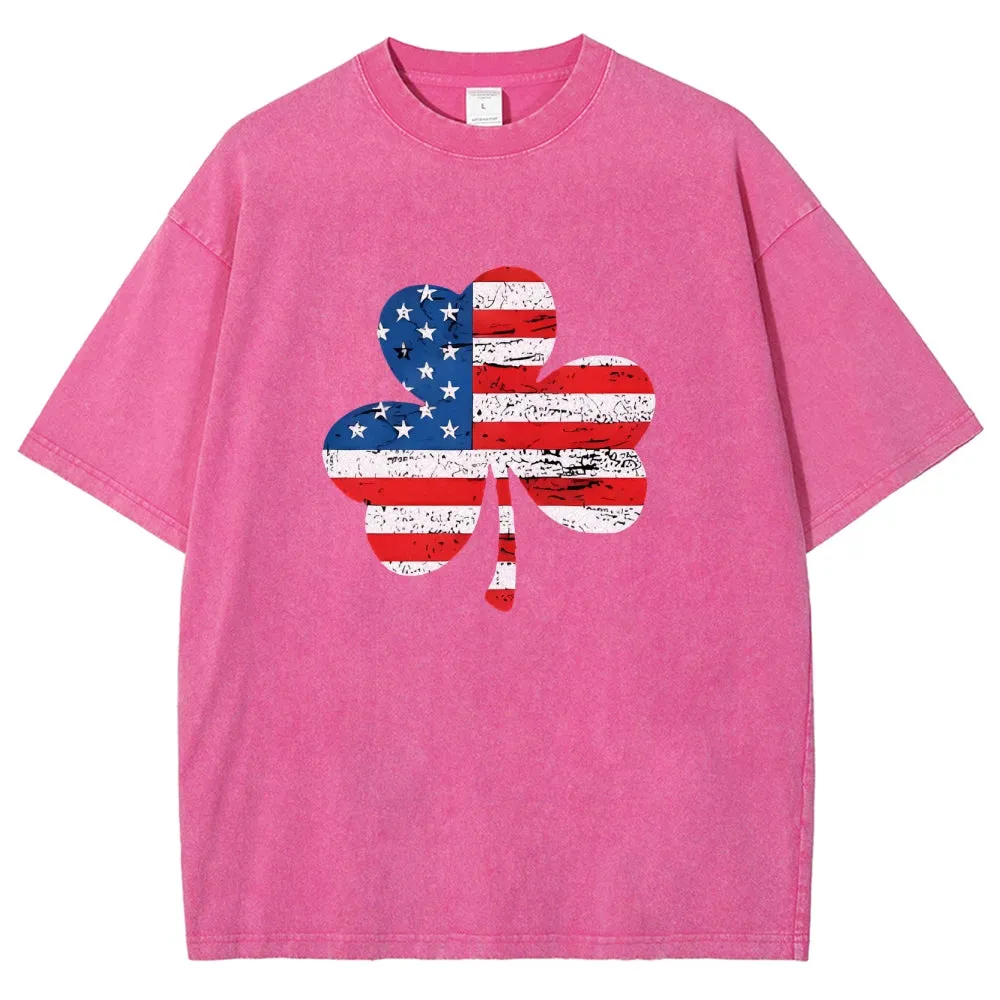 Unisex Patriotic American Flag Shamrock Graphic Vintage Washed Tee