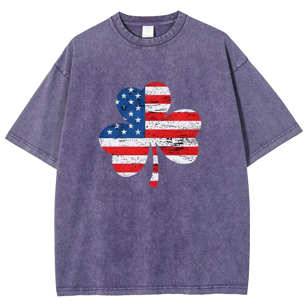 Unisex Patriotic American Flag Shamrock Graphic Vintage Washed Tee