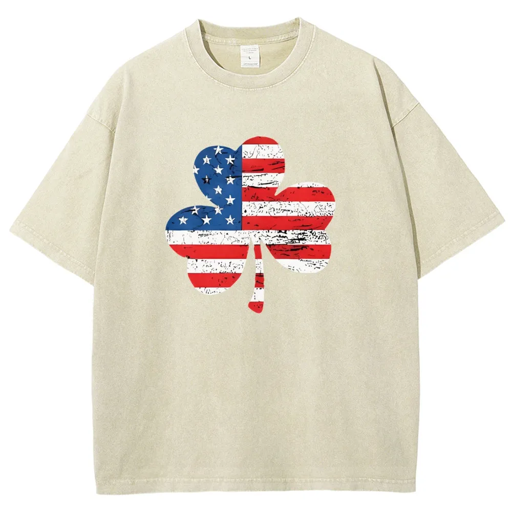 Unisex Patriotic American Flag Shamrock Graphic Vintage Washed Tee