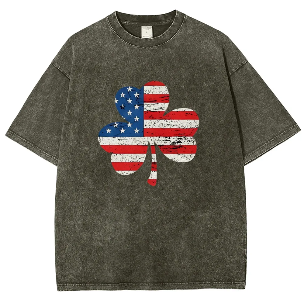 Unisex Patriotic American Flag Shamrock Graphic Vintage Washed Tee