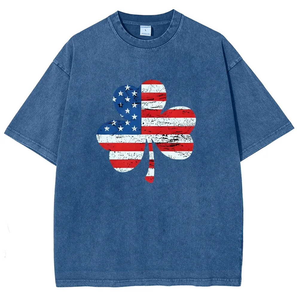 Unisex Patriotic American Flag Shamrock Graphic Vintage Washed Tee