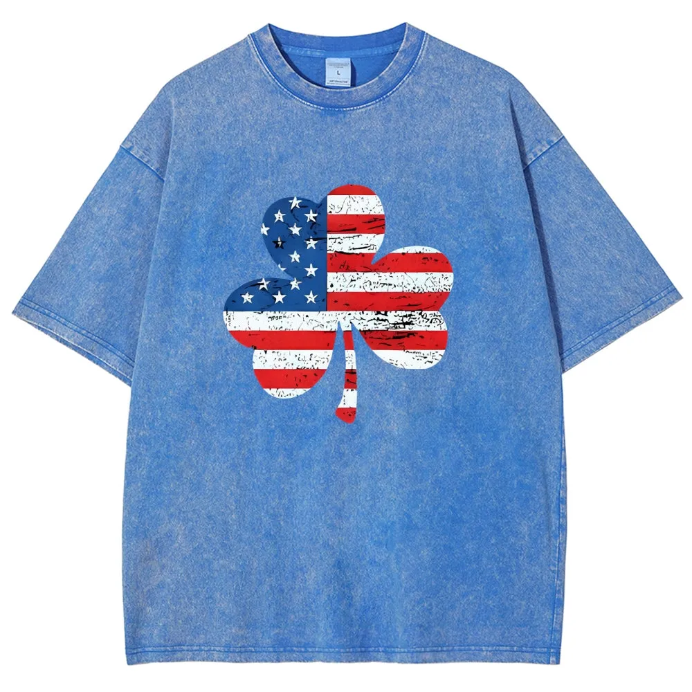 Unisex Patriotic American Flag Shamrock Graphic Vintage Washed Tee
