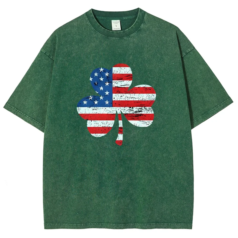 Unisex Patriotic American Flag Shamrock Graphic Vintage Washed Tee