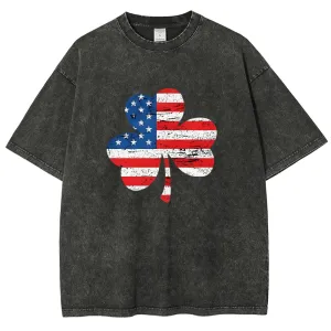 Unisex Patriotic American Flag Shamrock Graphic Vintage Washed Tee