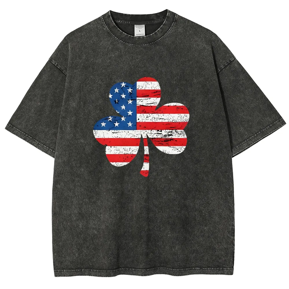 Unisex Patriotic American Flag Shamrock Graphic Vintage Washed Tee