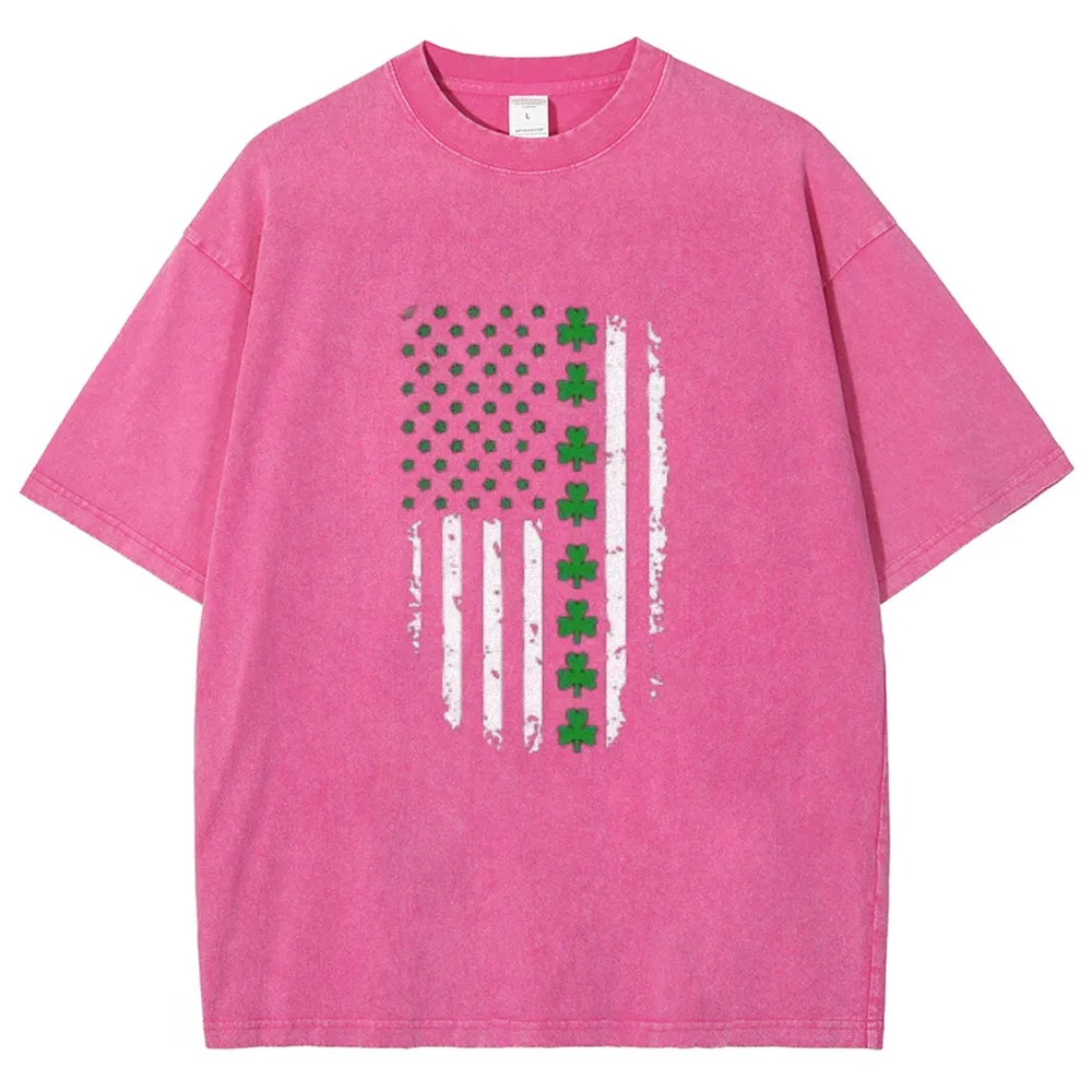 Unisex Vintage American Shamrock Flag At St. Patrick's Day Graphic Washed Tee