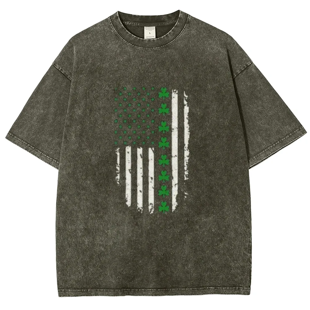 Unisex Vintage American Shamrock Flag At St. Patrick's Day Graphic Washed Tee