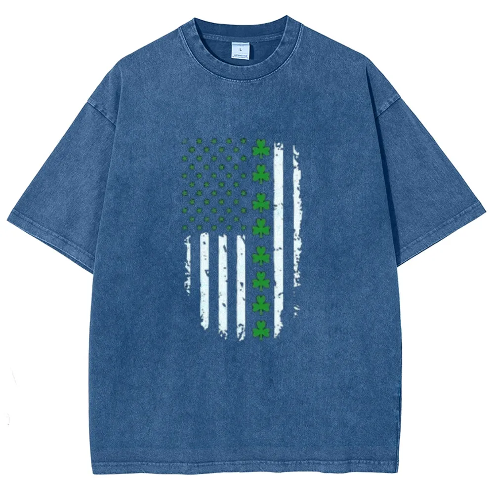 Unisex Vintage American Shamrock Flag At St. Patrick's Day Graphic Washed Tee