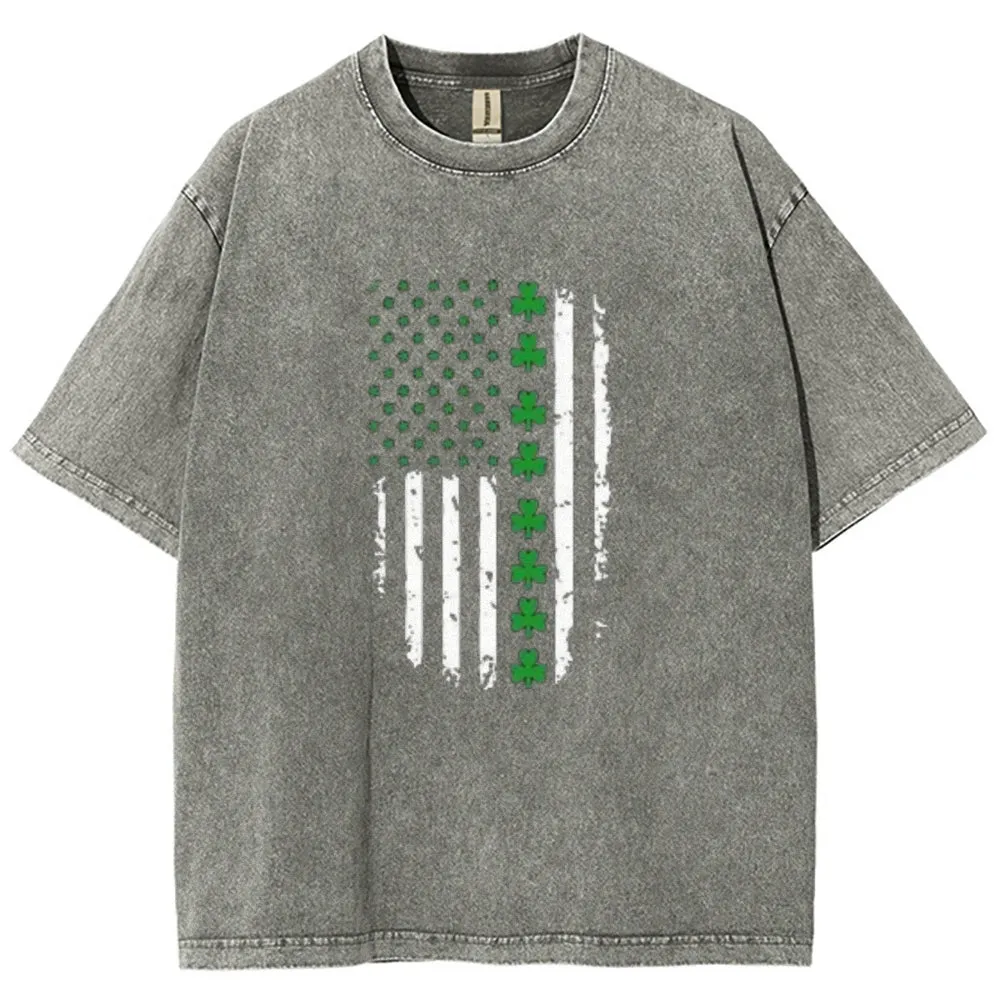 Unisex Vintage American Shamrock Flag At St. Patrick's Day Graphic Washed Tee