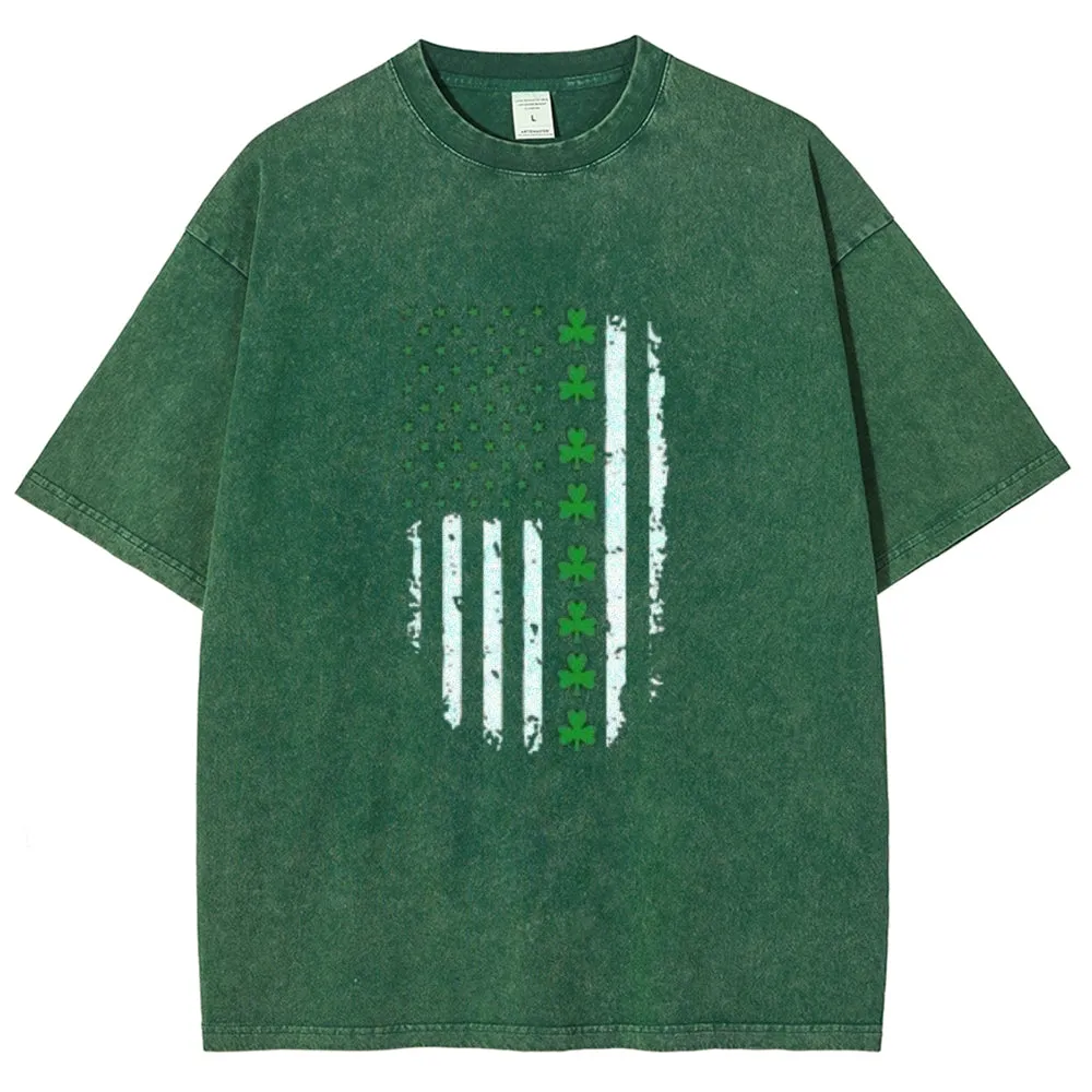 Unisex Vintage American Shamrock Flag At St. Patrick's Day Graphic Washed Tee