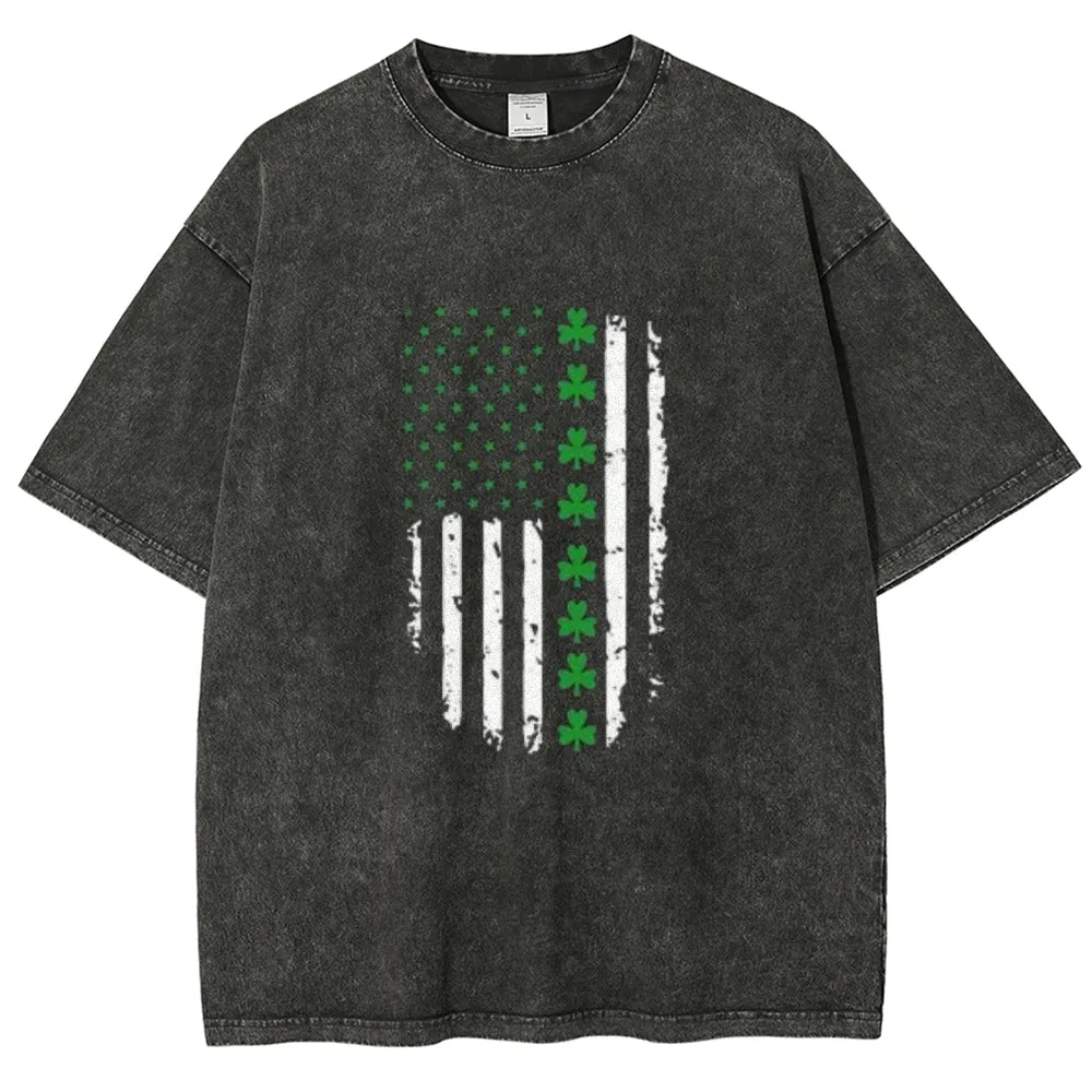 Unisex Vintage American Shamrock Flag At St. Patrick's Day Graphic Washed Tee