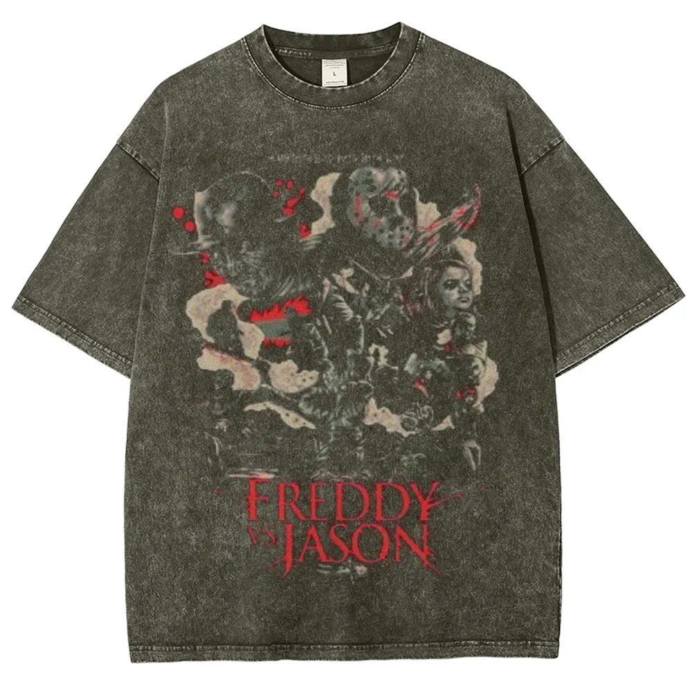Unisex Vintage Freddy Jason Graphic Short Sleeve Washed T-shirt