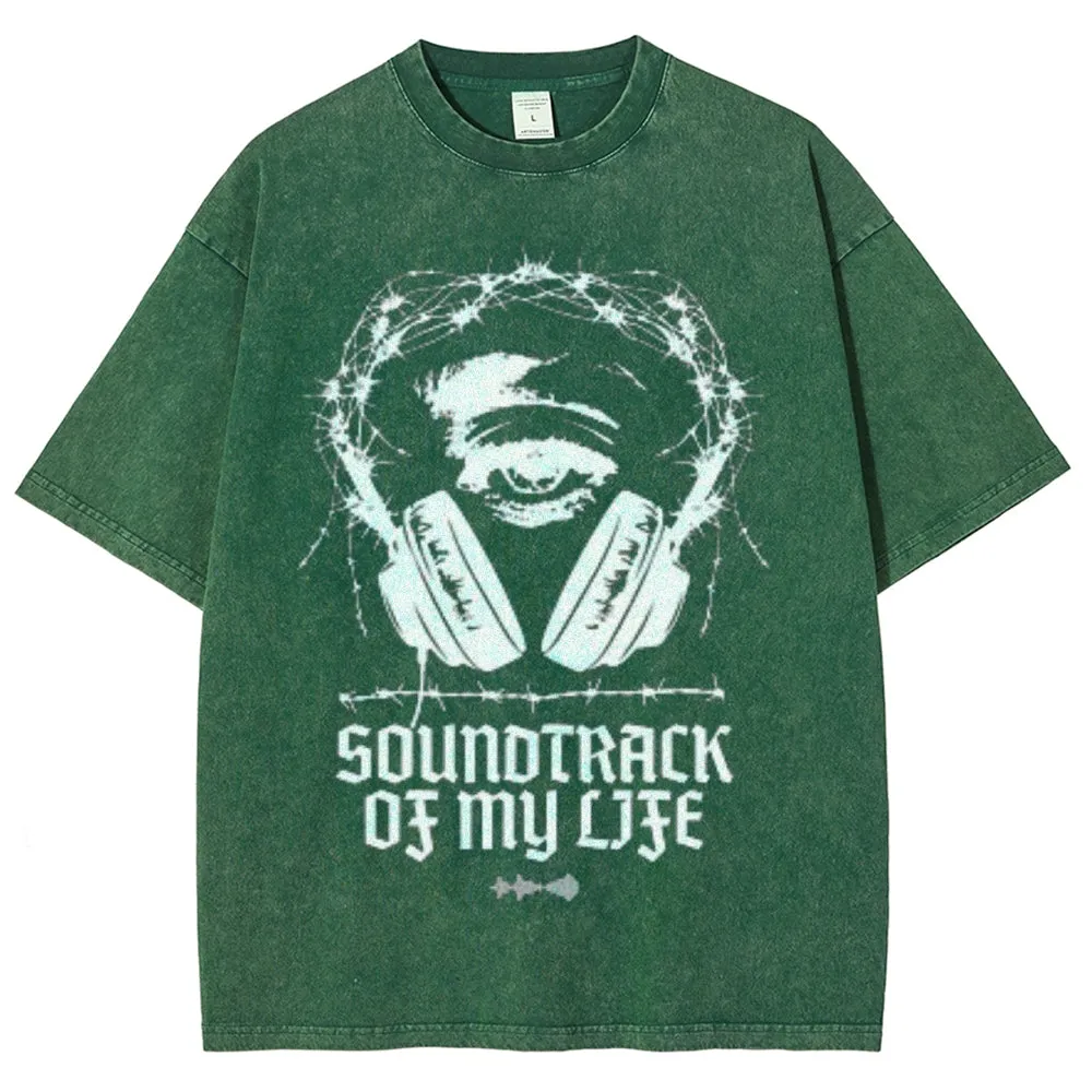 Unisex Vintage Soundtrack Of My Life Graphic Short Sleeve Washed T-shirt