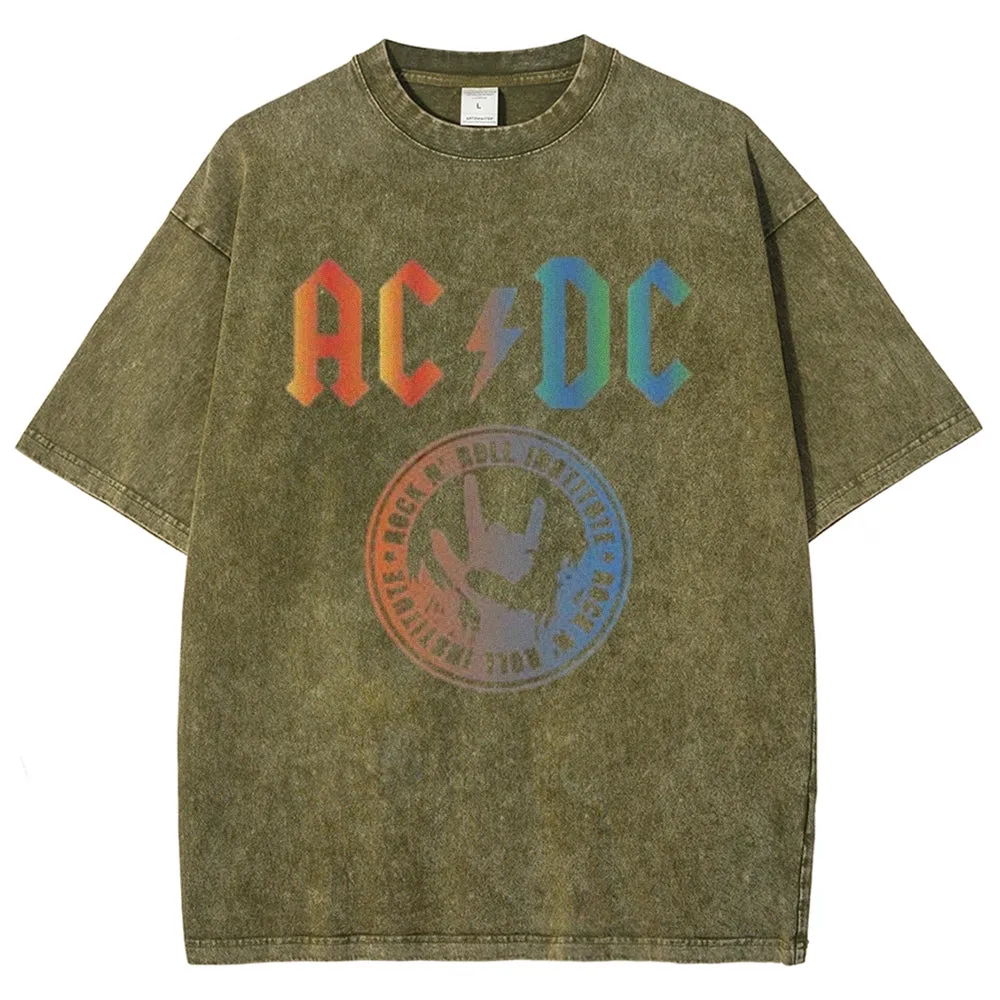 Unisex Vintage The Acdc Rock Band Print Short Sleeve Casual Graphic Washed T-shirt