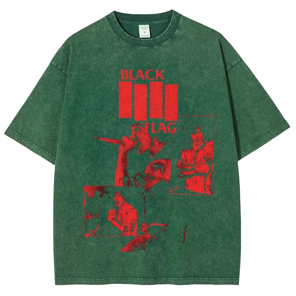 Unisex Vintage The Black Flag Rock Band Print Short Sleeve Casual Graphic Washed T-shirt