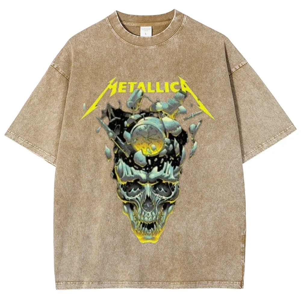 Unisex Vintage The Metallic Band Print Short Sleeve Casual Graphic Washed T-shirt