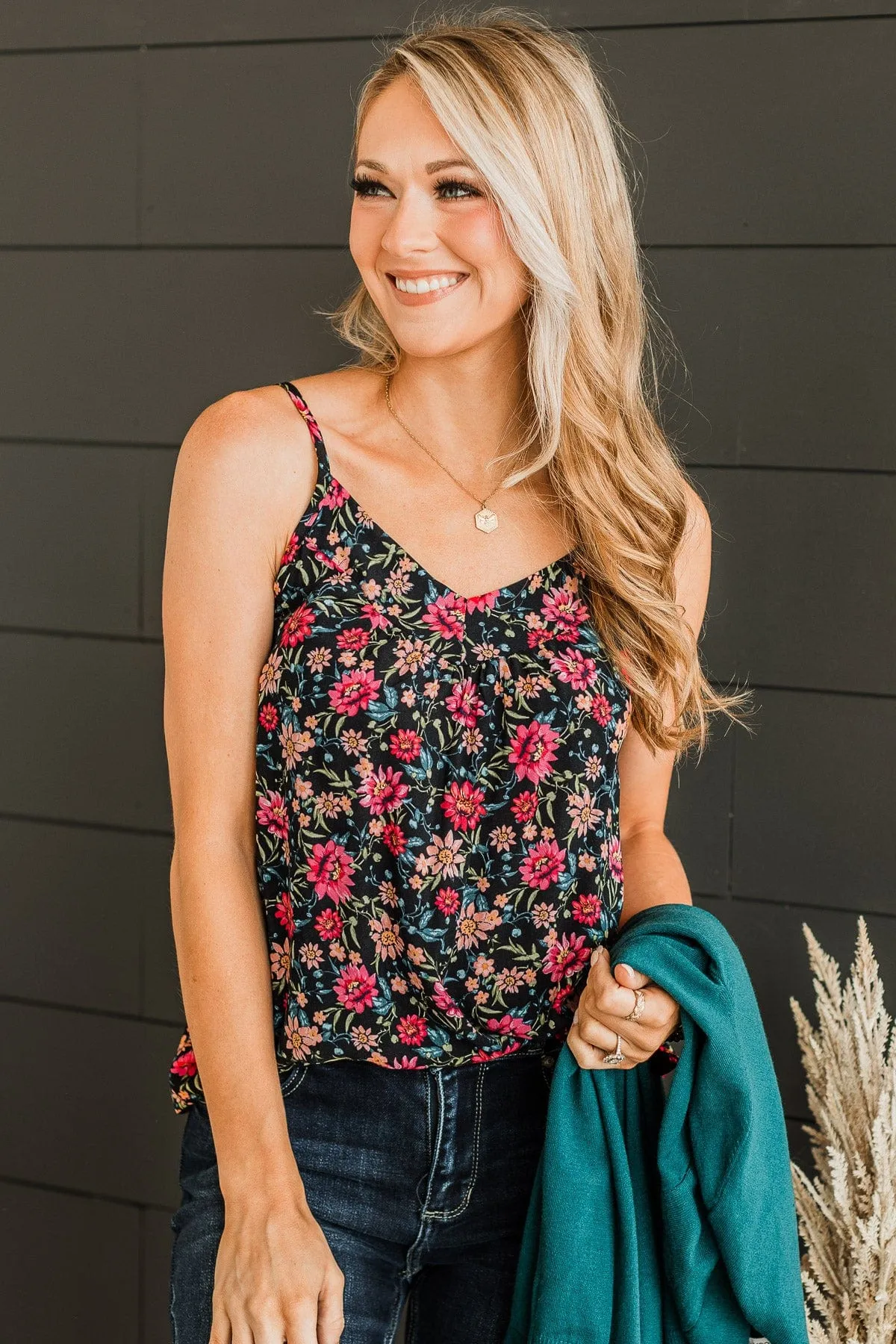 Up For Fun Floral Tank Top- Black & Pink