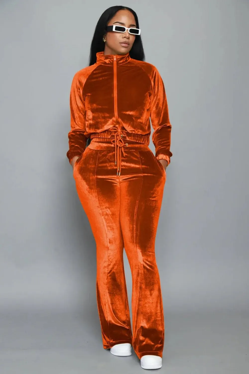 Velvet Zipper Jacket and Flare Pants Set
