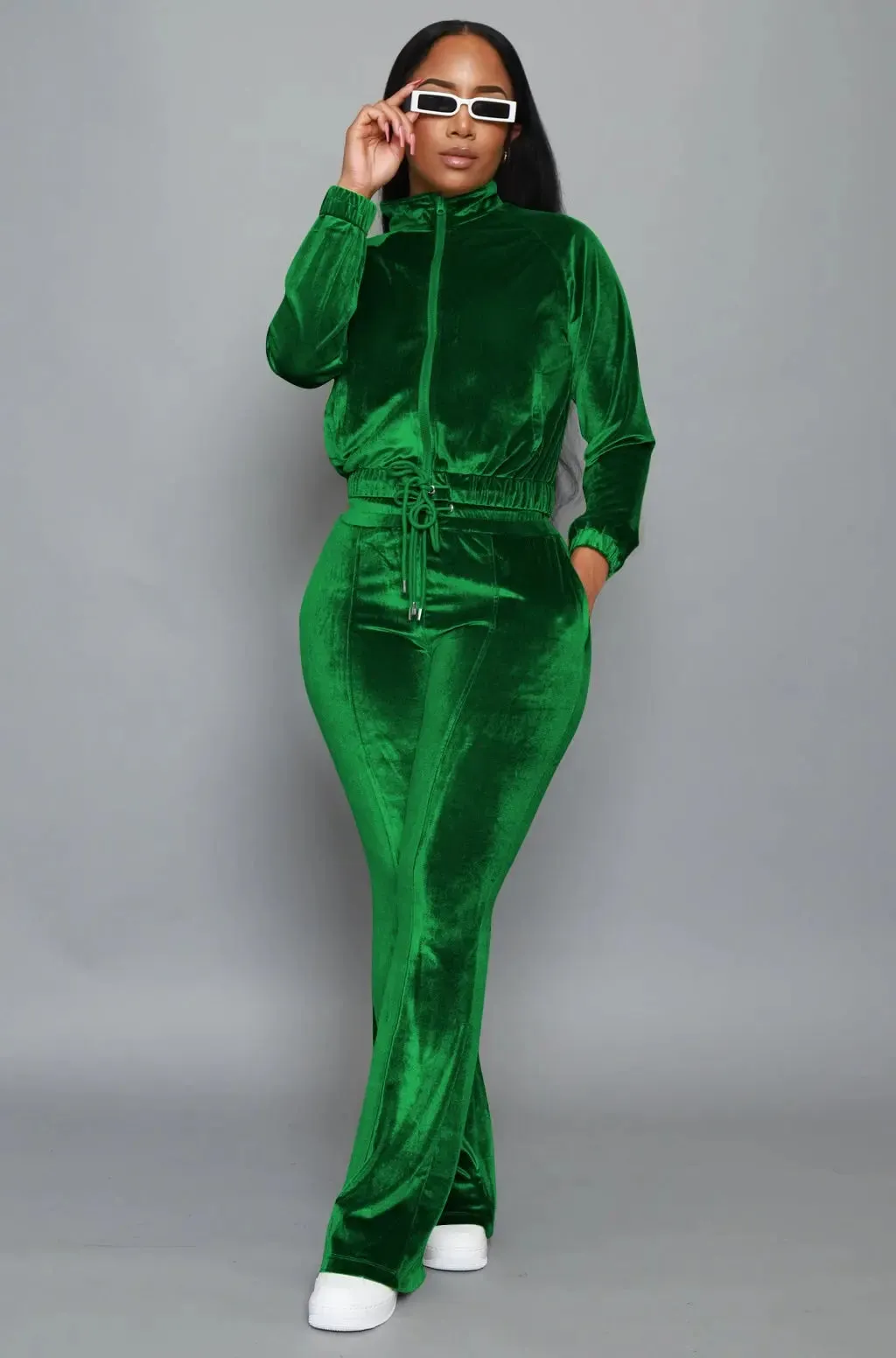 Velvet Zipper Jacket and Flare Pants Set