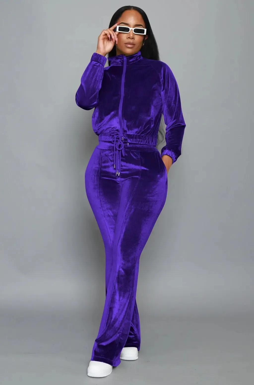 Velvet Zipper Jacket and Flare Pants Set
