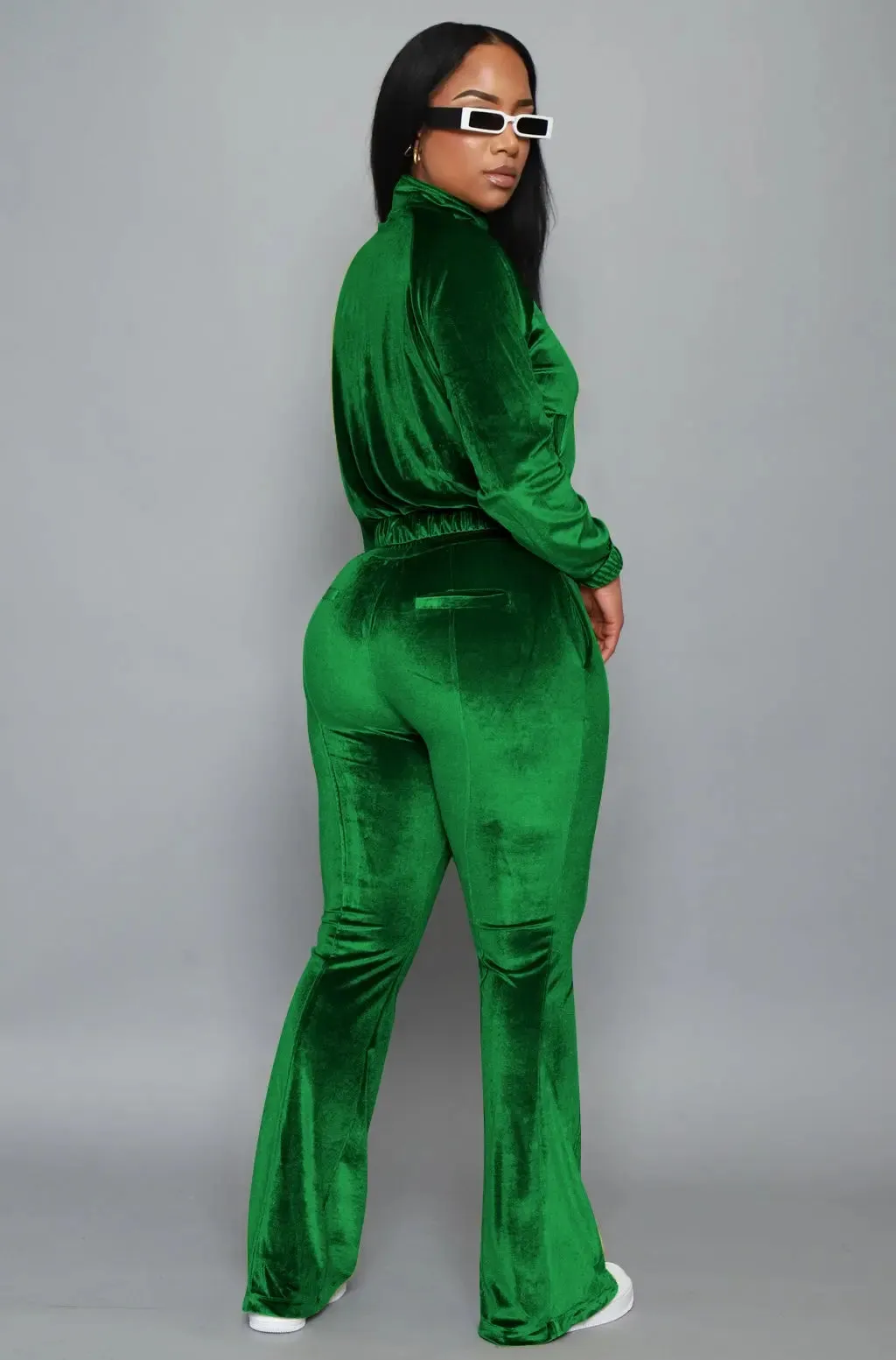 Velvet Zipper Jacket and Flare Pants Set