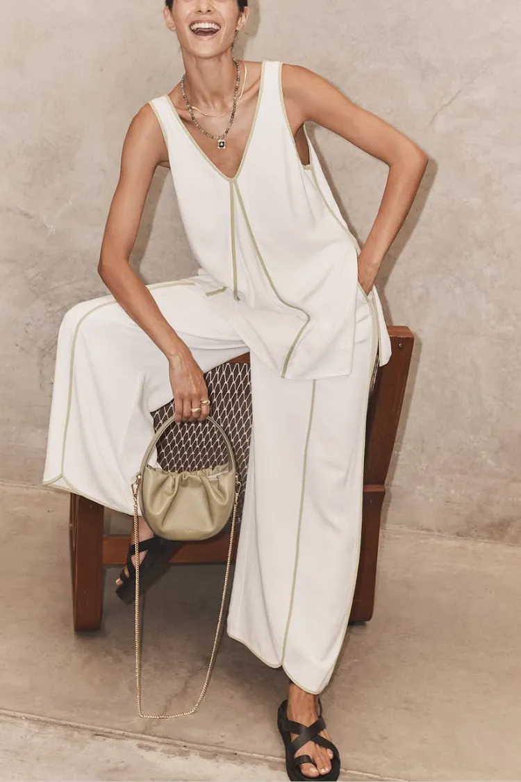 Vera Contrast Piping Panels A-line Tank and Elastic Waist Pocketed Wide Leg Pants Set