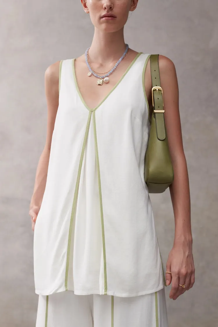 Vera Contrast Piping Panels A-line Tank and Elastic Waist Pocketed Wide Leg Pants Set