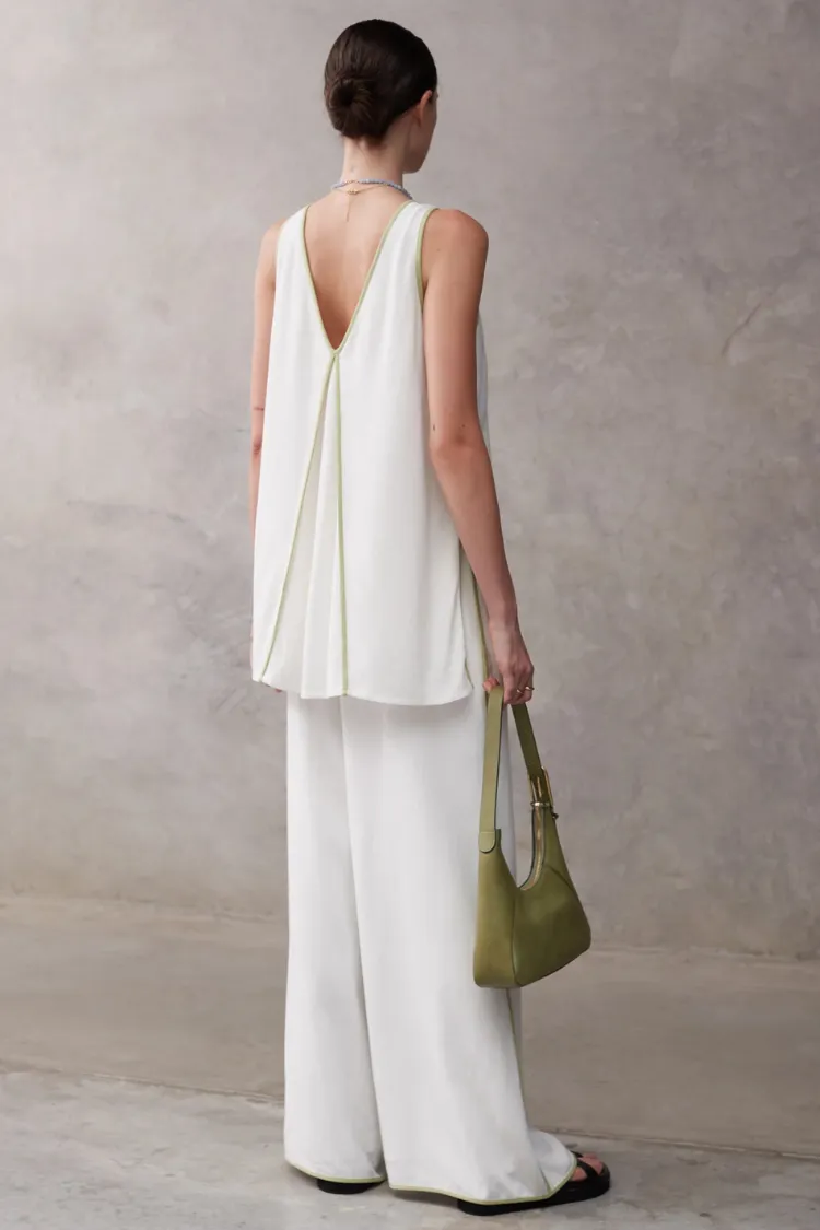 Vera Contrast Piping Panels A-line Tank and Elastic Waist Pocketed Wide Leg Pants Set