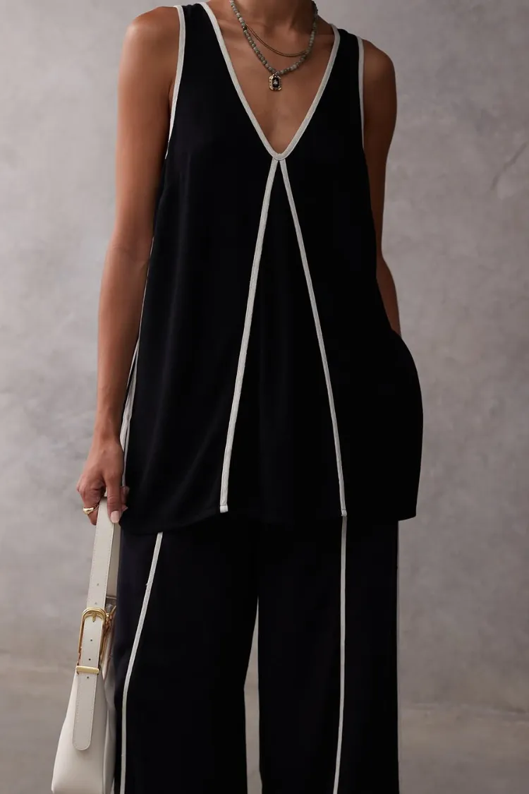 Vera Contrast Piping Panels A-line Tank and Elastic Waist Pocketed Wide Leg Pants Set