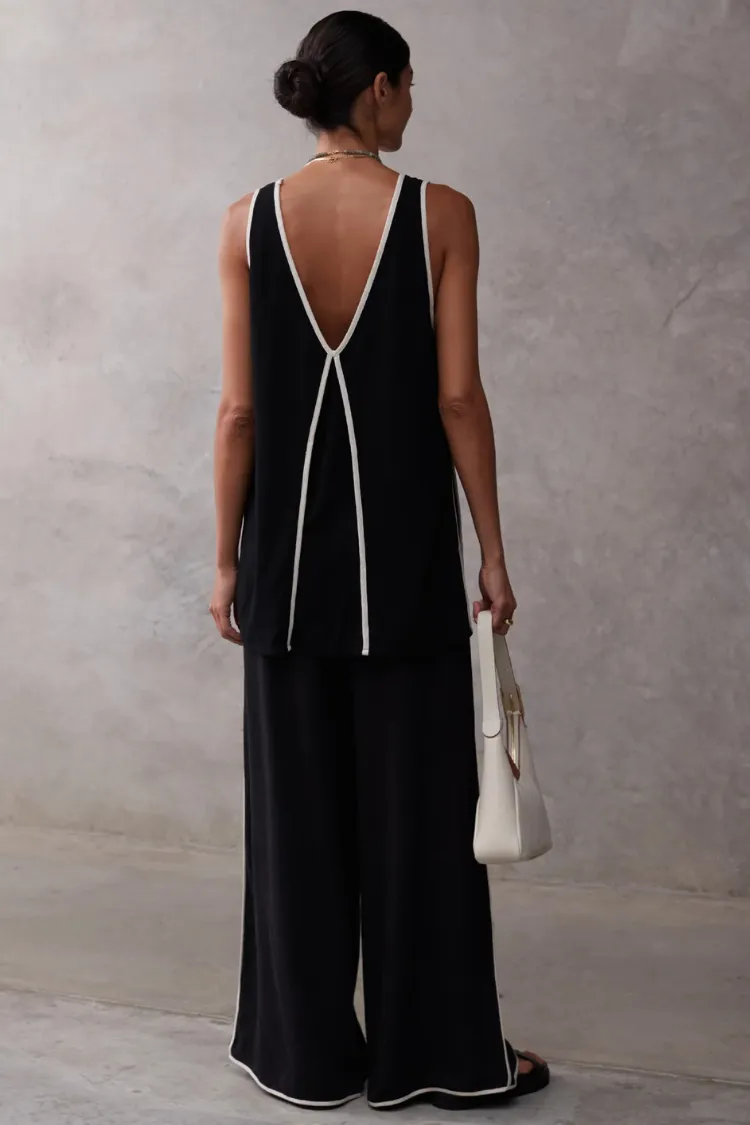Vera Contrast Piping Panels A-line Tank and Elastic Waist Pocketed Wide Leg Pants Set