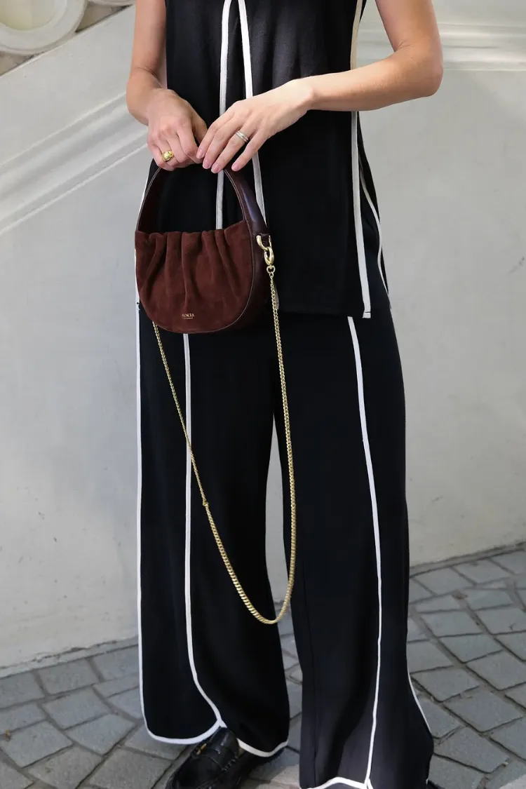 Vera Contrast Piping Panels A-line Tank and Elastic Waist Pocketed Wide Leg Pants Set
