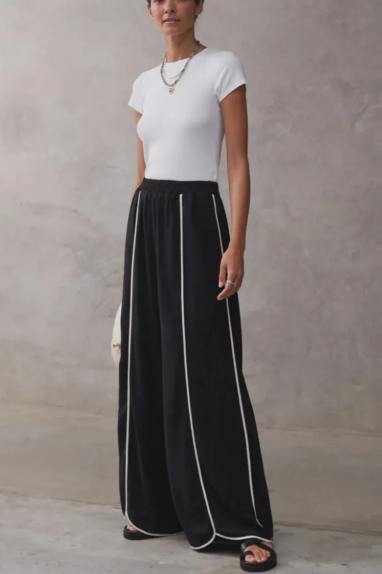 Vera Contrast Piping Panels A-line Tank and Elastic Waist Pocketed Wide Leg Pants Set