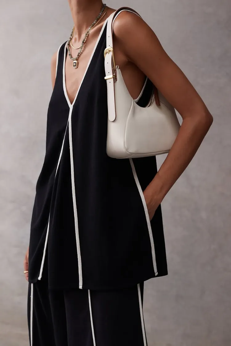 Vera Contrast Piping Panels A-line Tank and Elastic Waist Pocketed Wide Leg Pants Set