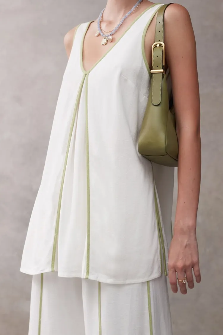 Vera Contrast Piping Panels A-line Tank and Elastic Waist Pocketed Wide Leg Pants Set