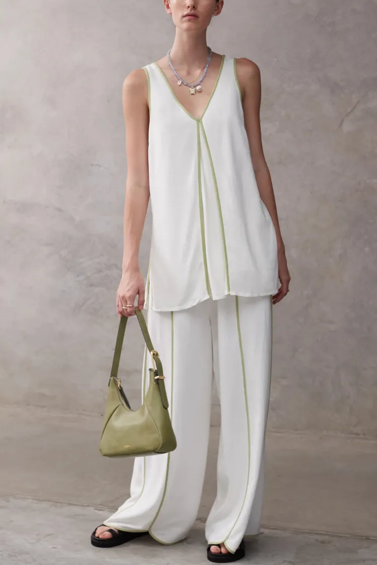 Vera Contrast Piping Panels A-line Tank and Elastic Waist Pocketed Wide Leg Pants Set