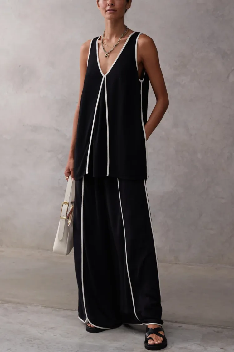 Vera Contrast Piping Panels A-line Tank and Elastic Waist Pocketed Wide Leg Pants Set