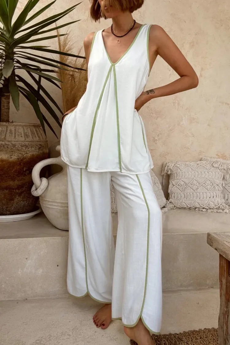 Vera Contrast Piping Panels A-line Tank and Elastic Waist Pocketed Wide Leg Pants Set
