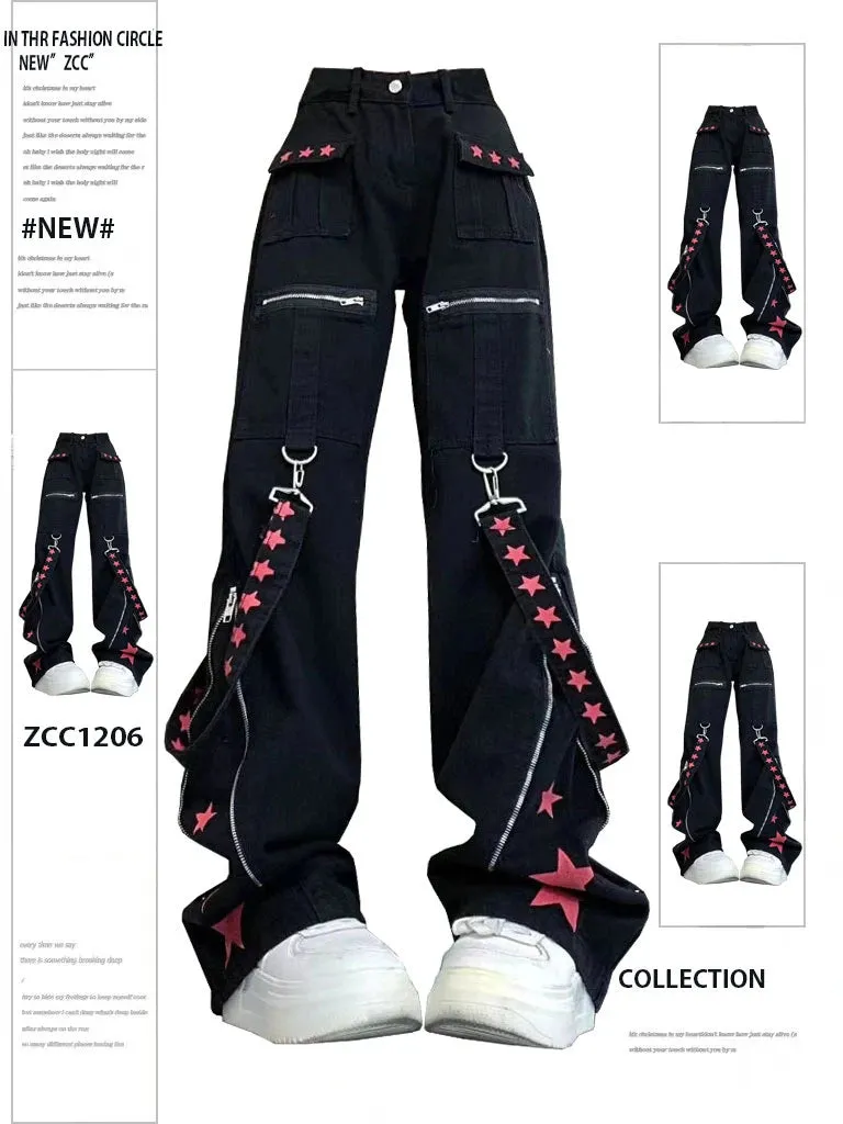 Vintage Emo Gothic Bandage Pants - Dark Academia Low-Waist Wide-Leg Jeans