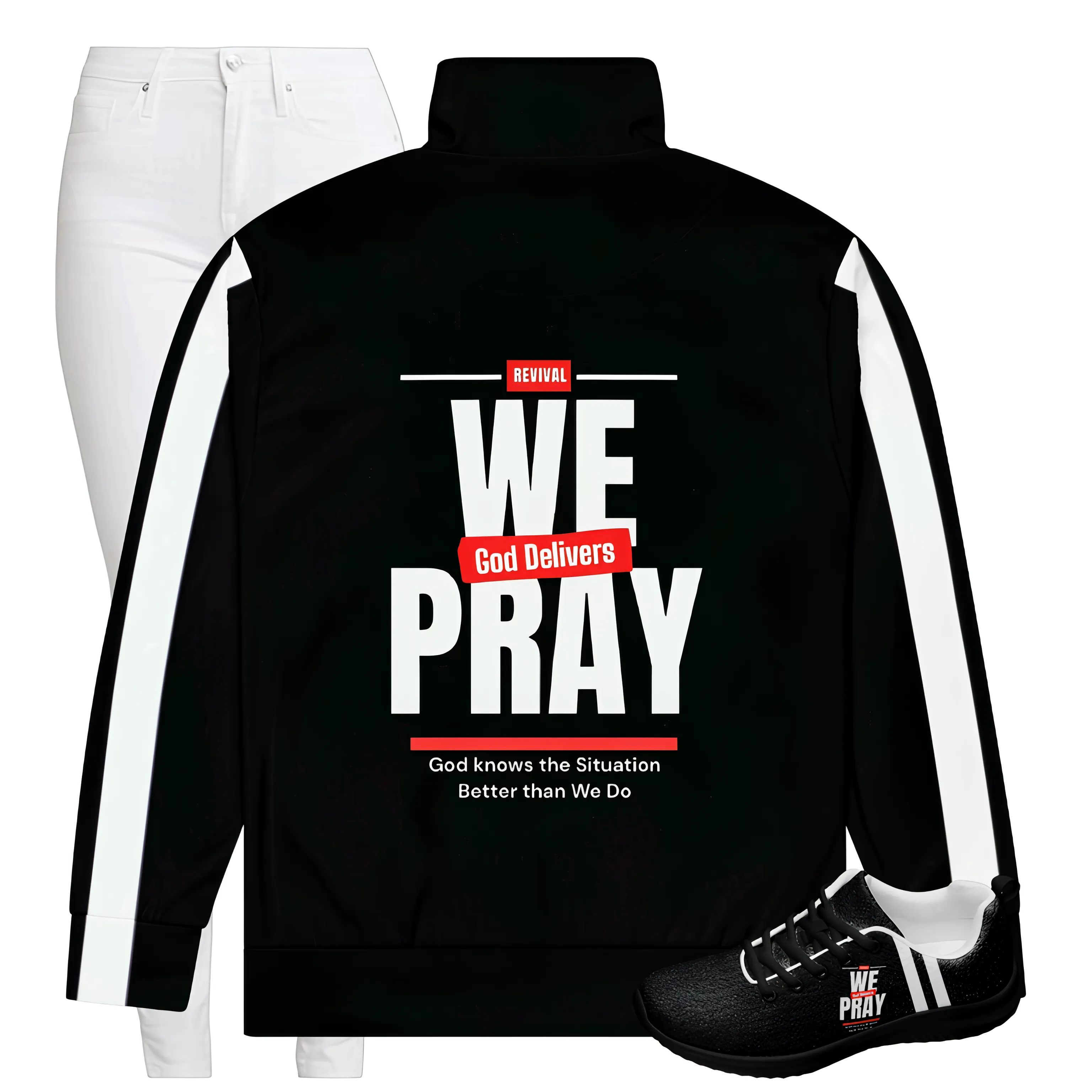 We Pray, God Delivers women's track jacket