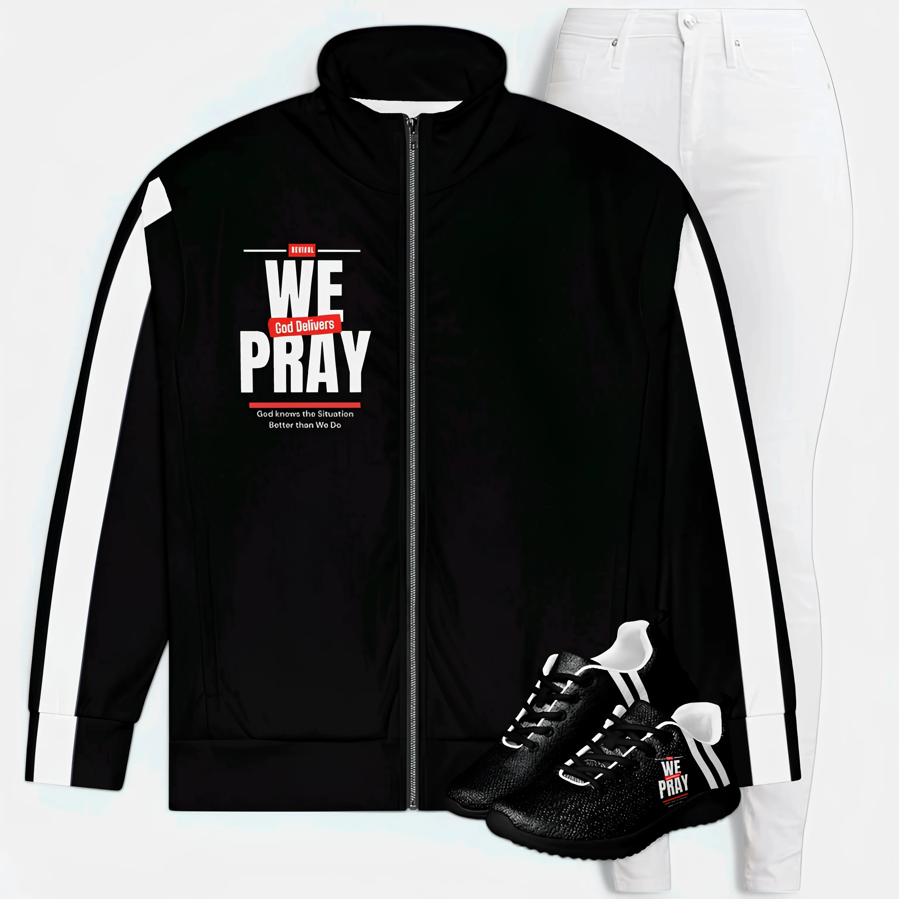 We Pray, God Delivers women's track jacket