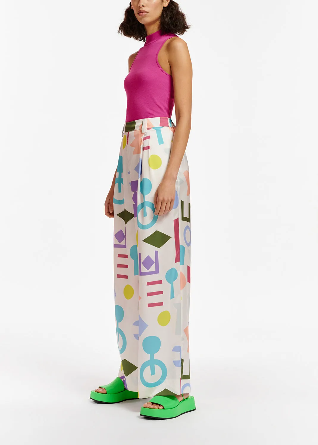 White abstract-printed wide-leg pants